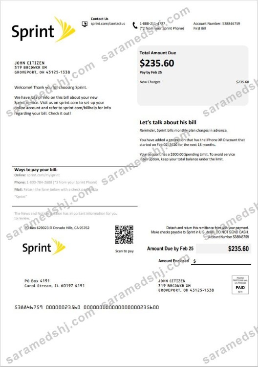 USA Sprint (T-Mobile) utility bill template in Word and PDF format